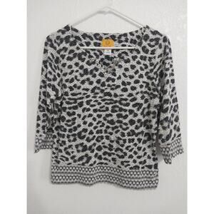 Ruby Red Petite Womens Size PM Black White 3/4 Sleeve Blouse Beaded Accent